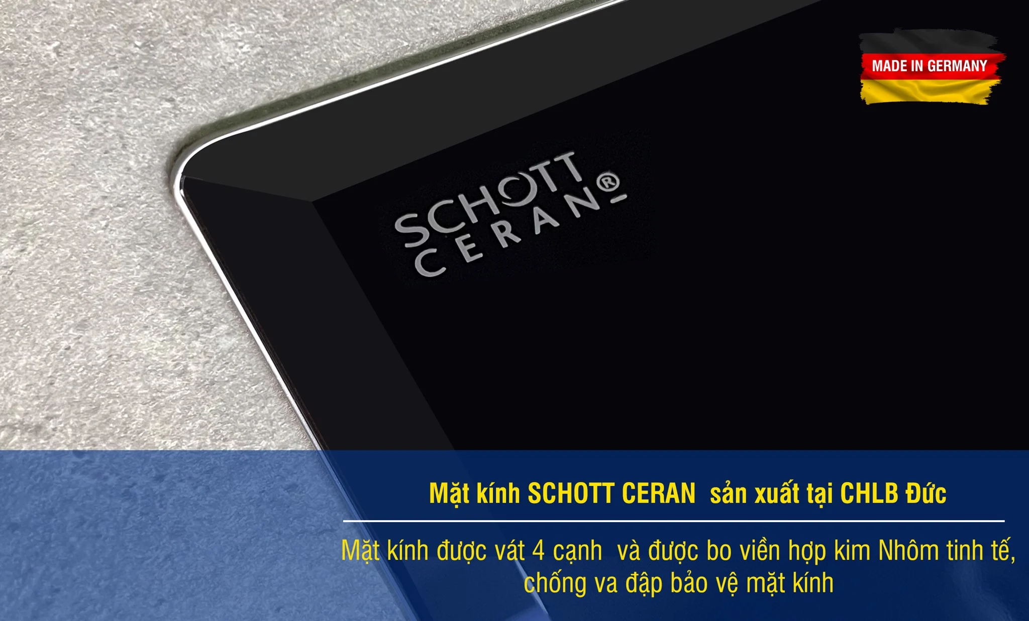 Bếp từ EU-T899G được sử dụng mặt kính Schott Ceran từ CHLB Đức với kích thước lớn lên tới 760*450mm