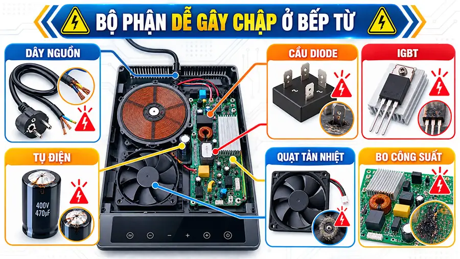Các linh kiện liên quan đến nguyên nhân bếp từ bị chập