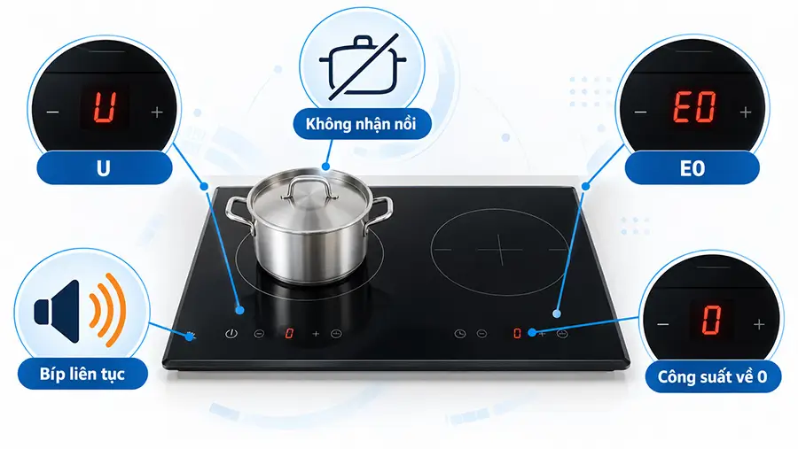 Dấu hiệu bếp từ báo lỗi không nhận nồi thường gặp