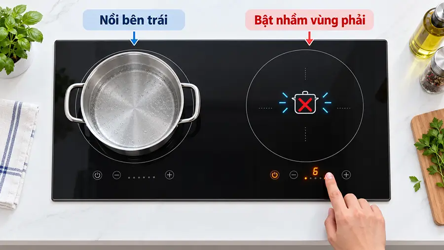 Chọn sai vùng làm bếp từ báo lỗi không nhận nồi