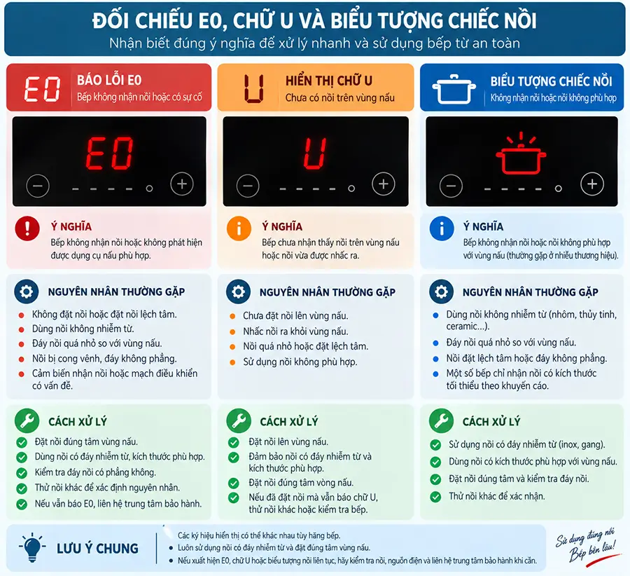 Mã hiển thị khi bếp từ báo lỗi không nhận nồi