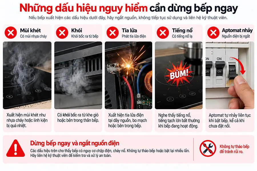 Ngừng dùng bếp từ chập chờn khi có dấu hiệu nguy hiểm