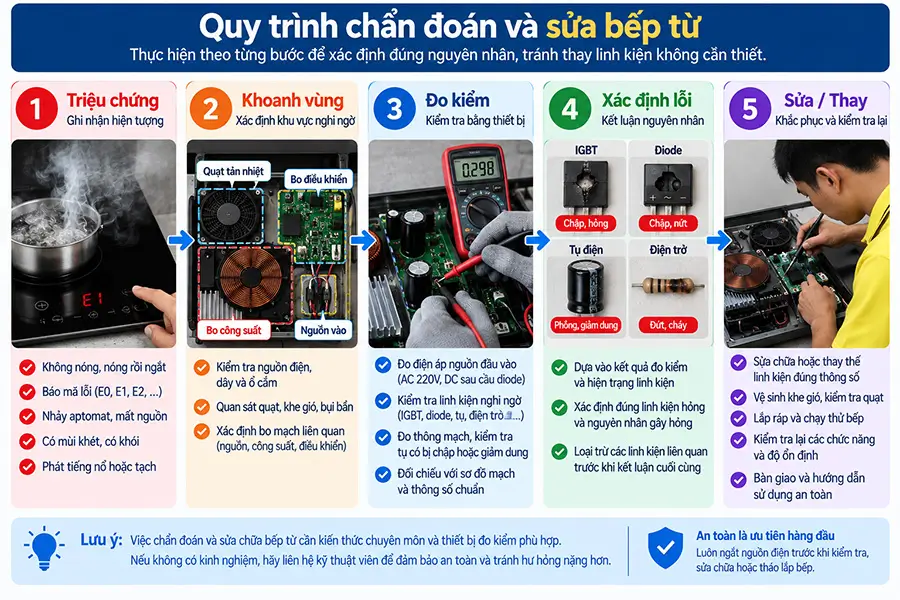 Bếp từ chập chờn cần xác định lỗi trước khi thay linh kiện