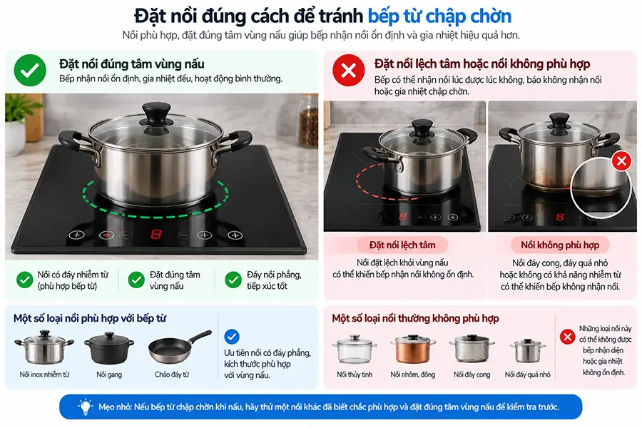 Nồi không phù hợp có thể làm bếp từ chập chờn